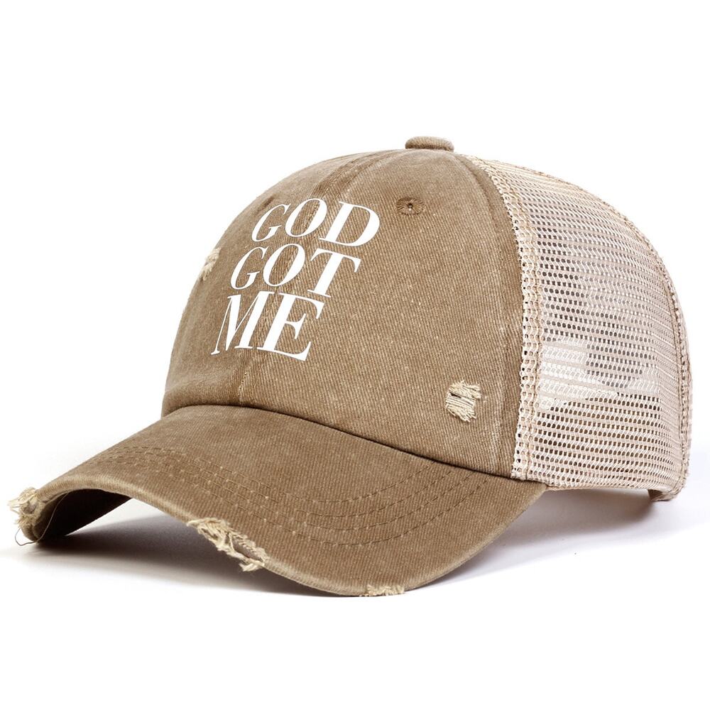 God Got Me Khaki Distressed Faith Inspired Mesh Adjustable Trucker Hat NWOT
